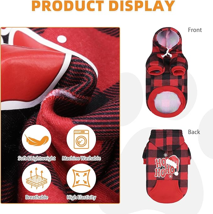 KOOLTAIL Christmas Dog Hoodie, Red Plaid Pet Sweater, Hat Hooded Sweatshirt Dog Clothes for Small Medium Large Dogs Boys Girls, Soft Warm Winter Cold Weather Coat with Leash Hole&Pocket, Santa, L