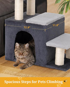 3-in-1 Pet Stairs for Cats, Dog Steps for Small Doggie Rabbits, 6.29''Depth Cat Stairs, Indoor Cat Ladders for High Bed for Pet's Joints, 1 Cat Condo Cave, Sisal Scratcher, Grey, Medium