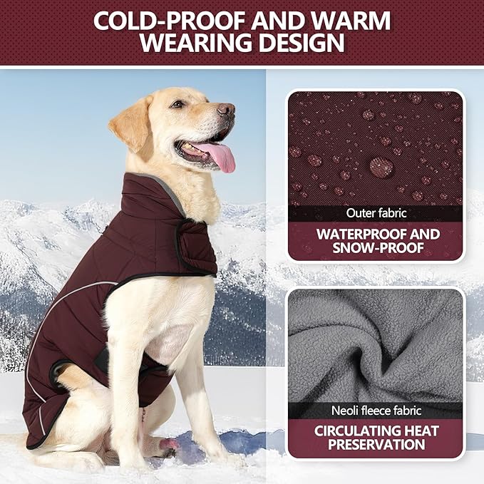 Dog Coats for Medium Large Dogs, Winter Puffer Jacket Waterproof, Warm Fleece Dog Vest with D-Ring, Drawstring & 2 Hidden Elastic Bands, Quilting Large Pet Warm Jackets for Cold Weather