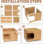 Cat House for Indoor Cats - Wicker Cat Bed with Double-Sided Soft Cushion, Decorative Handwoven Pet Bed Furniture