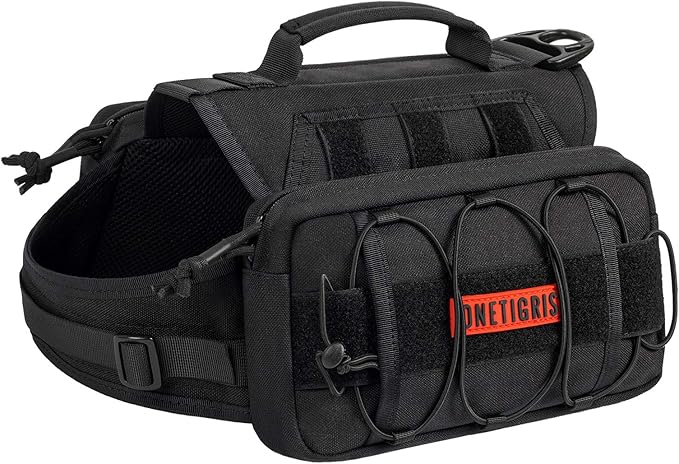 ONETIGRIS Dog Backpack for Medium & Large Dogs, Nylon Backpack for Dogs Tactical Pet Backpack with Side Pockets for Hiking Walking Training Running (Black, Medium)