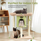 Cat Tree Tower Scratching Post for Indoor Large Cats, Small Cat Tree with Big Perch Bed, 28in Tall Trees House with Condo Cave, Toy Balls, Modern Climbing Furniture Platform for Kitten (Green)