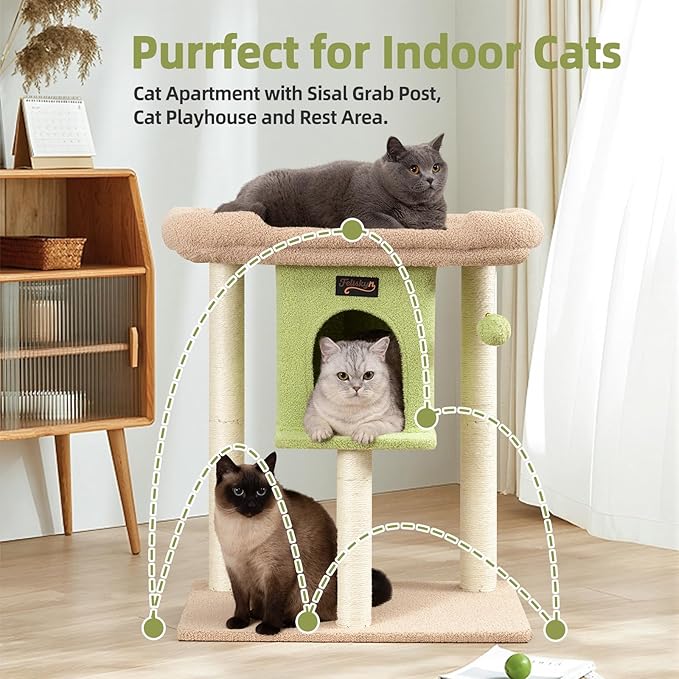 Cat Tree Tower Scratching Post for Indoor Large Cats, Small Cat Tree with Big Perch Bed, 28in Tall Trees House with Condo Cave, Toy Balls, Modern Climbing Furniture Platform for Kitten (Green)