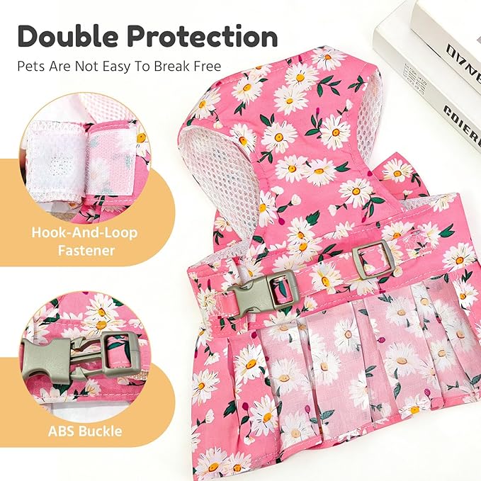 BAEJMJK Dog Dress Bowknot Harness Leash Set for Small Dogs Cats Daisy Floral Girl Dog Dresses Cute Puppy Princess Clothes Pet Doggy Outfits Spring Summer Breathable Dresses(Pink,Medium)