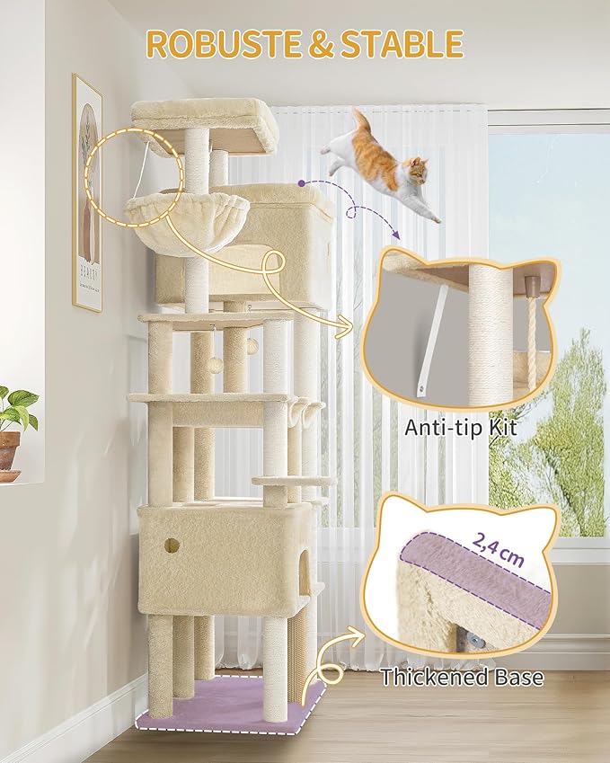 Cat Tree, 78.7" XXL Cat Tree with 10 Scratching Posts, 2 Caves, 2 Hammocks, Large Platform, Cat Brushes, Basket, Heavy Duty Cat Tree for Maine Coons, Large Cats, Beige MS20018YL