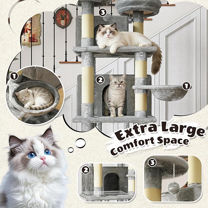 70.87" Cat Tree for Indoor Cats, Multi-Level Cat Tower with 2 Private Condos, 3 Perches & Hanging Hammock, Natural Sisal Scratching Posts, Stable for Multi-Cat Families, Kittens to Seniors (Gray)