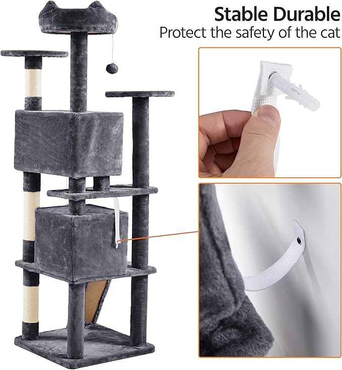 Topeakmart 70in Cat Tree, Multi-Level Cat Tower with Scratching Post Dangling Ball and Condos Cat Furniture for Indoor Cats, Dark Gray