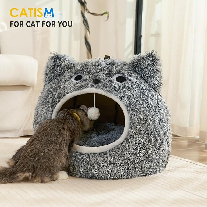 CATISM Cat Bed, Cat Beds for Indoor Cats - Kitten Bed Cave Washable, Soft Plush Hooded, Removable Pillow, Non-Slip Base, Large Cave for Kitty