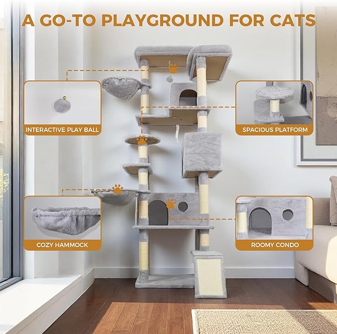 84.6 Inch Tall Cat Tree Tower with Large Base - 3 Condos, 11 Sisal Posts, 2 Hammocks & Interactive Toys, Multi-Level Cat Furniture for Multiple Cats, Durable Cat Climber (Light Gray, 84.6in)