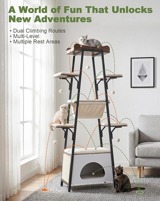 74-Inch Modern Cat Tree Tower for Large Cats, Multi-Level Cat Tower with Scratching Board, Large Perch, Hammock, Removable Pads, White