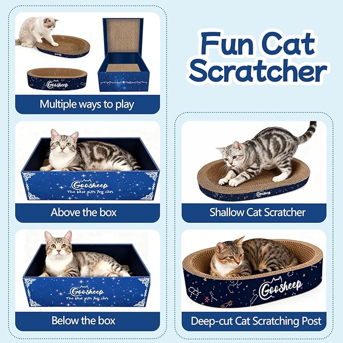 4-in-1 Cat Scratcher and Bed, 2 Scratching Pads & 2 Oval Loungers for Indoor Cats, Multi-Cat Household Cardboard Scratcher Furniture with Cat Bed Design to Save Your Couch