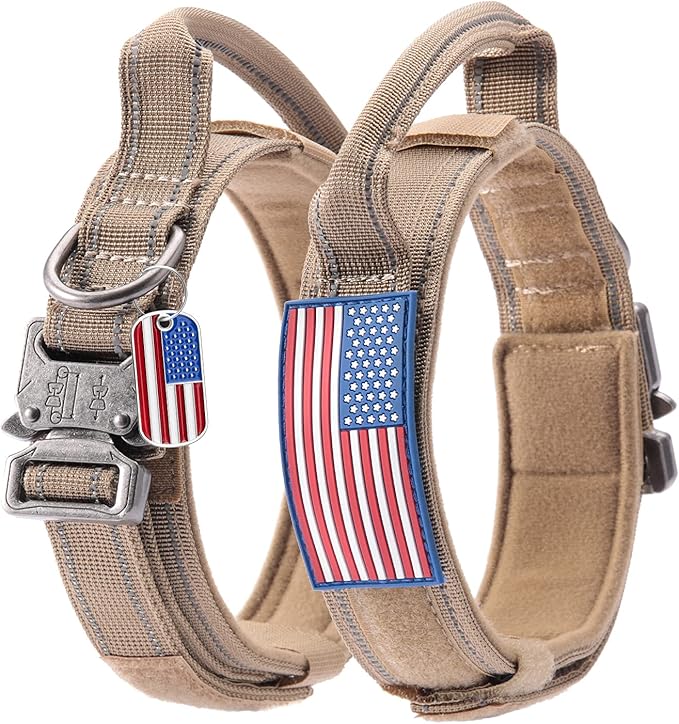 Reflective Tactical Dog Collar Adjustable for Training and Service K9 Dog Collar with Military Nylon Heavy Duty Metal Buckle and Control Handle for Medium and Large Dogs,1.5" Width Brown M
