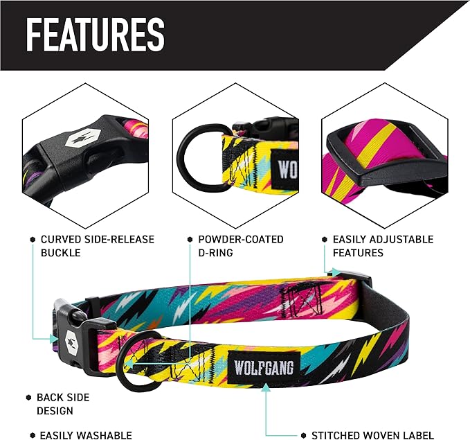 Wolfgang Heavy Duty, Adjustable Dog Collar with Quick Release Nylon Buckle for Walking & Training, FuzzyTails Print, Large