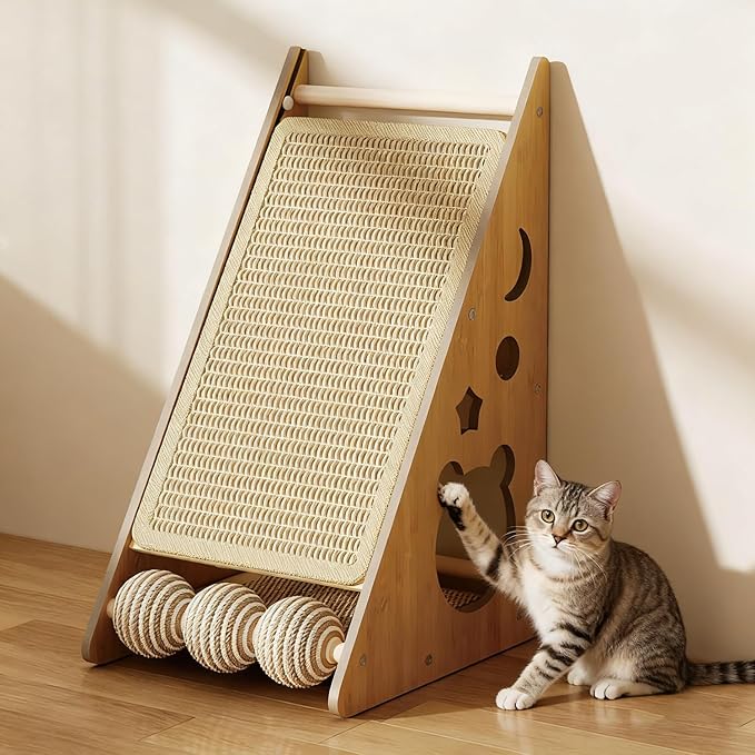 Cat Scratcher with Nest - Non-Shedding Vertical Cat Scratching Post, Cat Board Scratcher with 3 Sisal Balls for Indoor Cats, Reliable Wall Mounting