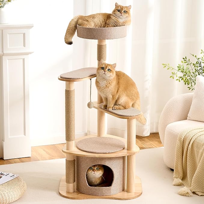 797Audio Modern Wood Cat Tree Tower, 46" Aesthetic Cat Tree with Natural Pine Wood Scratching Posts and Condo for Adult Cats, Solid Rubber Wooden & Linen Cat Tree,Multi-Level Tree for Indoor Cat