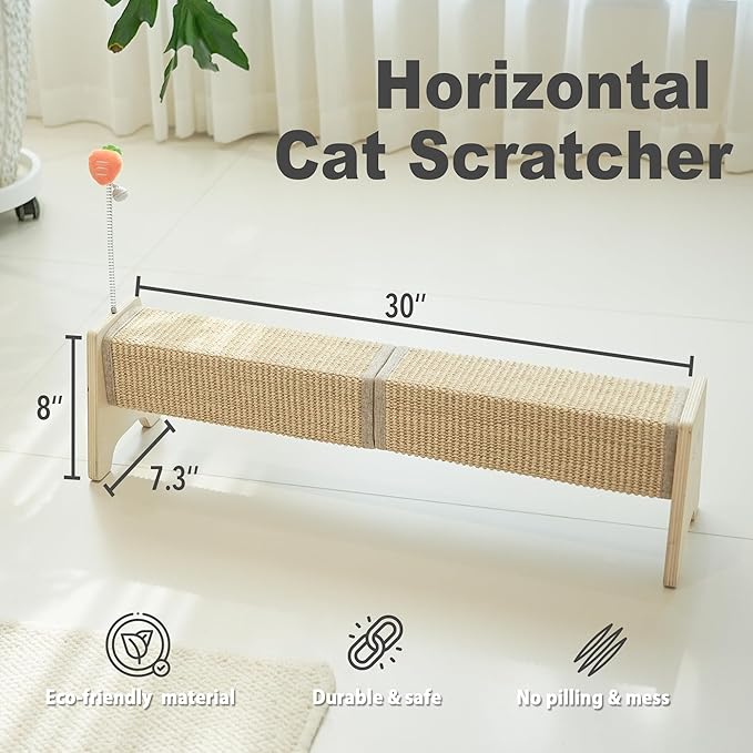 Meeyoview 30" Horizontal Scratching Post, Sisal Cat Scratcher with Spring Toy, Large Floor Mount Scratching Pad, Furniture Protector for Indoor Cats, Square