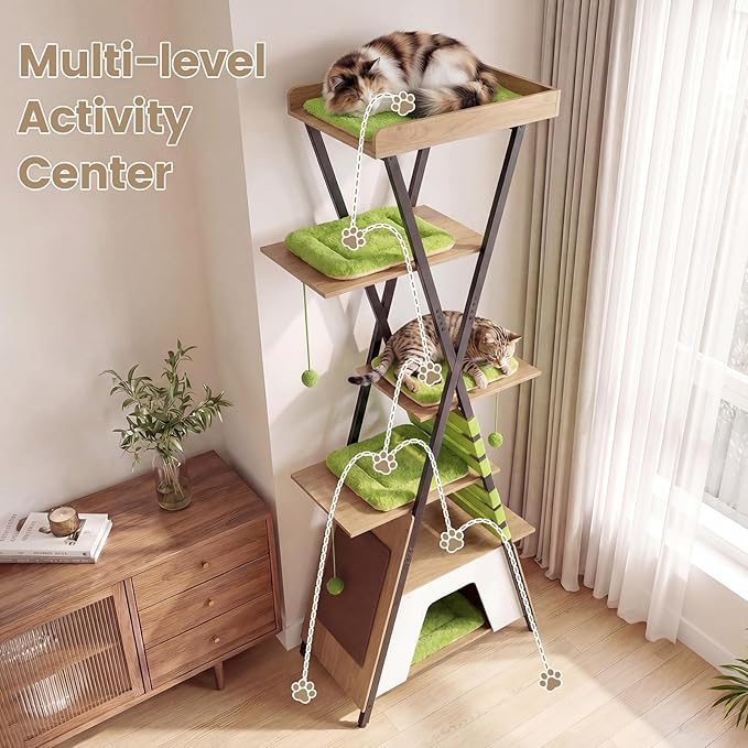 PETSITE 73-inch Tall Modern Cat Tree, Multi-Level Wooden Cat Tower with Scratching Pad, Multiple Platforms with Soft Removable Pads, Condo, and 3 Dangling Balls, Ideal for Indoor Cats (Natural)