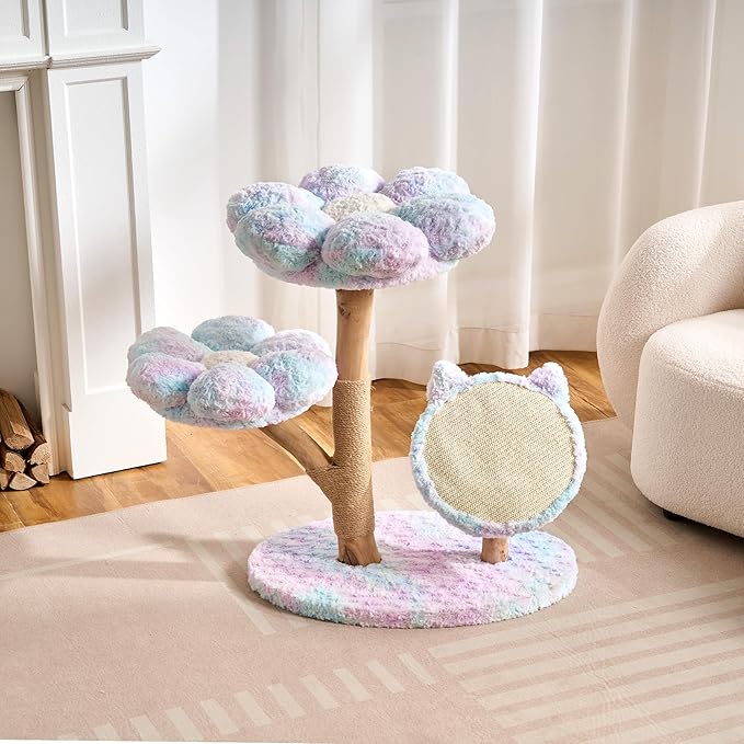 797Audio Natural Wood Flower Cat Tree, Modern Cat Tower with Real Solid Wood Branch, Luxury Aesthetic Cat Tree with Scratching Post, Scratch Pad, Cat Tree Tower for Indoor Large Adult Cats, Sky Blue