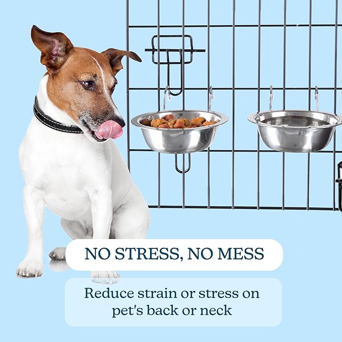 Set of 2 Stainless-Steel Dog Bowls - Cage, Kennel, and Crate Hanging Pet Bowls for Food and Water - 20oz Each and Dishwasher Safe by PETMAKER,Silver