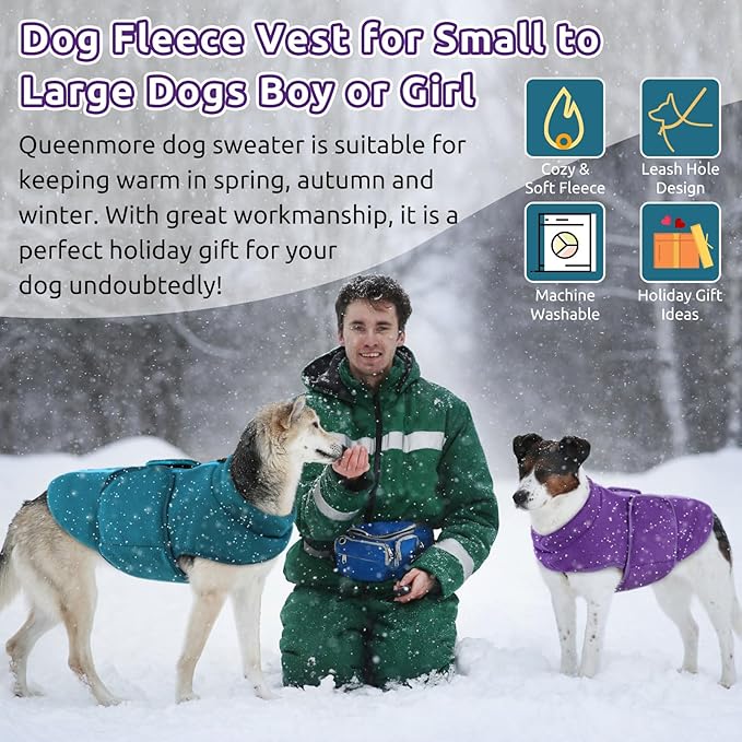 Queenmore Large Dog Sweaters, Soft Fleece Vest Pullover Dog Jacket with Leash Hole, Warm Winter Dog Clothes Cold Weather Doggy Dachshund Sweater for Large Dogs Cats Boy or Girl (Lavender, L)