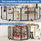 Metal Freestanding Dog Gate with Cat Door for Indoor&Outdoor,120" Extra Wide Foldable Pet Gate,36" Tall Foldable Indoor Dog Fence for Wide Openings Stairs,Deck,Yard,Doorways(6 Panels,Black)