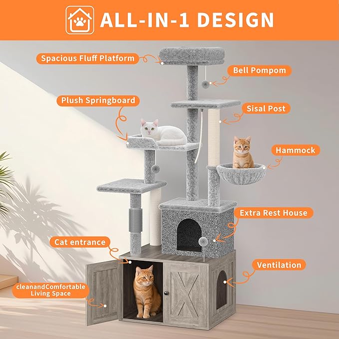 Cat Tree with Litter Box Enclosure, Hidden Cat Washroom Furniture,All-in-One Indoor Kitten House w/Scratching Posts, Multiple Platform and Condo, Modern Style Cat Tower, Hammock,Gray
