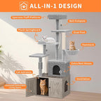 Cat Tree with Litter Box Enclosure, Hidden Cat Washroom Furniture,All-in-One Indoor Kitten House w/Scratching Posts, Multiple Platform and Condo, Modern Style Cat Tower, Hammock,Gray