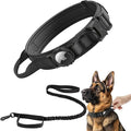 Tactical AirTag Dog Collar Leash Set - Heavy Duty, Adjustable GPS Collar Compatible with Apple AirTag, with Holder & Control Handle for Medium/Large Dogs [Black, XL]