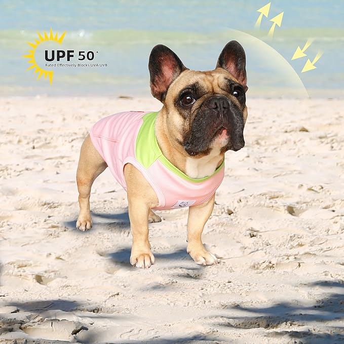iChoue French Bulldog Summer Cooling Shirt for Dogs UV Sun Protection Vest Sleeveless Breathable Tank Top English Pug Pink Green - XLarge