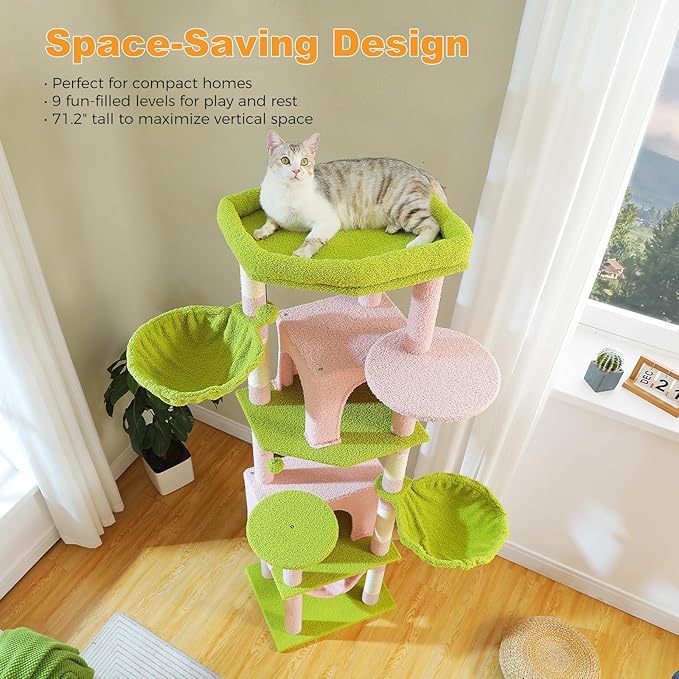 Flower Cat Tree for Large Indoor Cats, 71.2-Inch Tall Multi-Level Cat Tower with Scratching Posts, 3 Soft Hammocks, 2 Large Condos, Super Big Perch & Pompoms for Multi-Cat Households, Pink