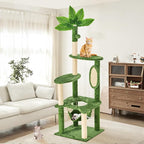 61" Large Cat Tree Tower for Indoor Cats with DIY Green Leaves Scratching Post Multi Soft Hang Ball Plush Cat House Furniture 360° Rotating Cat Scratch Board with Hammock, Green