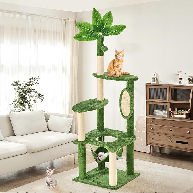 60" Cat Tree for Indoor Cats with Green Leaves, Multi-Level Large Cat Tower with Hammock, Plush House w/Hang Ball Toy and Scratching Posts (Green)