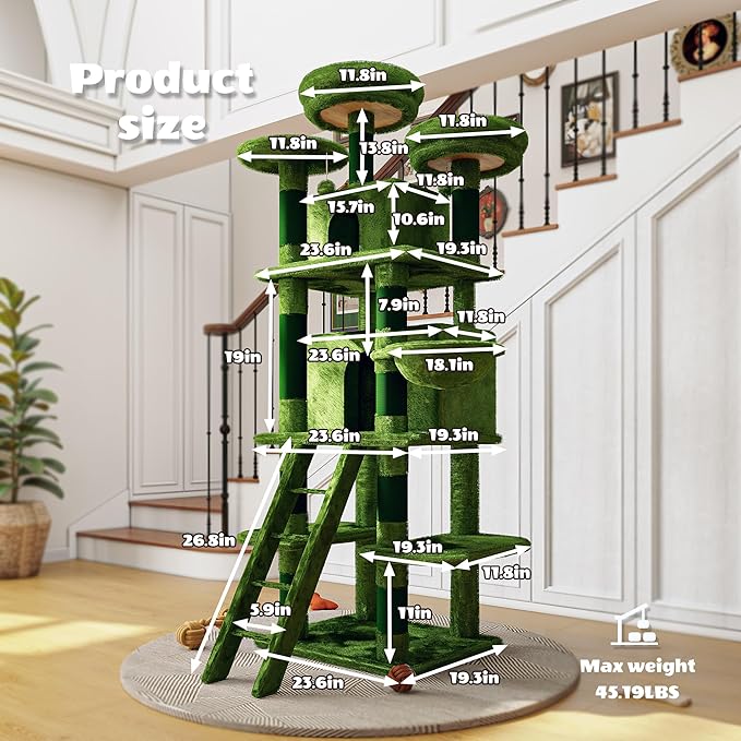 70.87" Cat Tree for Indoor Cats, Multi-Level Cat Tower with 2 Private Condos, 3 Perches & Hanging Hammock, Natural Sisal Scratching Posts, Stable for Multi-Cat Families, Kittens to Seniors (Green)