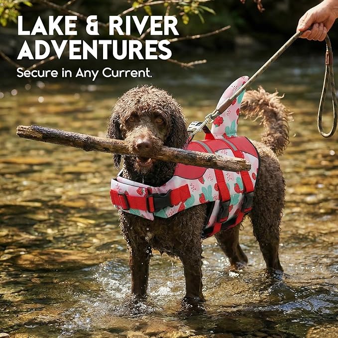 ASENKU Dog Life Jacket - Pet Safety Vest for Swimming & Boating, Shark Life Jacket with Floatation, Dog Lifesavers Swimsuits for Small Medium Large Dogs (Strawberry, XS)