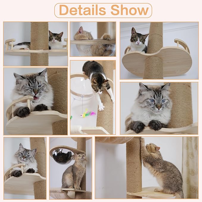 Floor to Ceiling Cat Tree Height (50-120in) Adjustable Cat Tower 5 Tier Hemp Scratching Post High Cat Tree Sturdy Activity Tree Indoor Outdoor Cat Scratching Post Activity Center