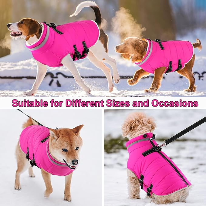 Dogcheer Dog Coat, Waterproof Dog Jacket with Harness, Reflective Adjustable Puppy Winter Coat with Zipper, Christmas Pet Snow Jacket Clothes for Small Medium Large Dogs - Pink XL