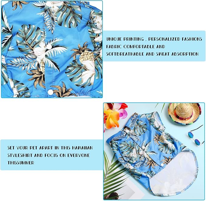 3 Pieces Small Dog Hawaiian Costume Puppy Halloween Cool T-Shirts Summer Clothes with Retro Sunglasses and Colorful Wreath Hawaiian Shirts Costume for Small to Medium Dogs Pet(Blue Series)