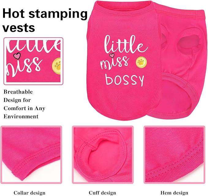 Pink Cotton Dog Shirt with 'Little Miss Bossy' Print, Soft & Breathable Pet Apparel for Small to Large Dogs, All-Season Sleeveless Vest, Cute and Comfortable Dog Outfit.Pink Gold XXL