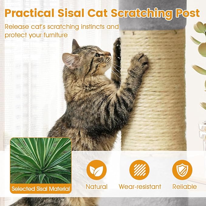 PETSITE 25.5-inch Small Cat Tree, Modern Multi-Level Cat Tower with 2 Comfy Condos, Sisal Scratching Posts, Large Plush Top Perch, and Anti-Tipping Kits, Ideal for Indoor Cats and Kittens (Grey)