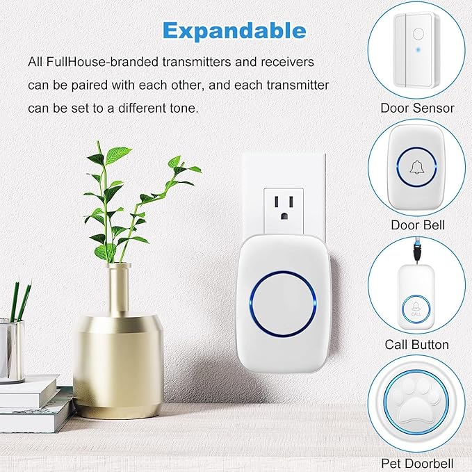 Wireless Doorbell, Waterproof Door Bell Kit, Distinguish Front and Rear Doors, Over 1000 feet Range and 60 Chime, 5 Levels Volume and LED Flash, for Home Office Classroom