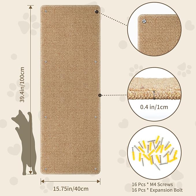 FHTONGE 39.4x15.8 Thickened Cat Wall Climbing Carpet with 16 Fixed Nails, Extra Large Tall Cat Scratch Pad for Wall, Wall Mounted Climbing Cat Scratcher for Furniture Couch Sofa Protector(Camel)