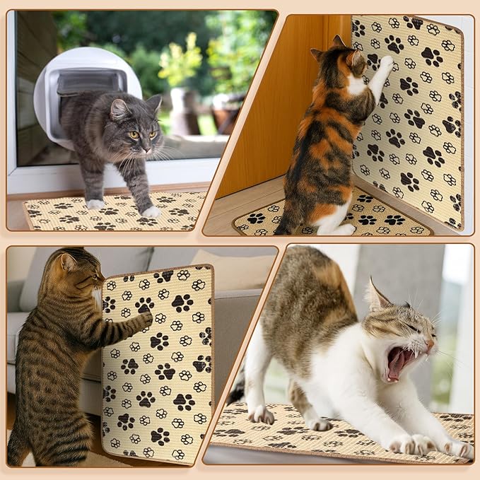 2 Pcs Cat Scratcher Mat Natural Sisal Rug with Cute Paw Print Cat Scratch Scratching Pad Protector for Indoor Floor Wall Couch Furniture with Self-Adhesive Tape 24 x 16 Inch
