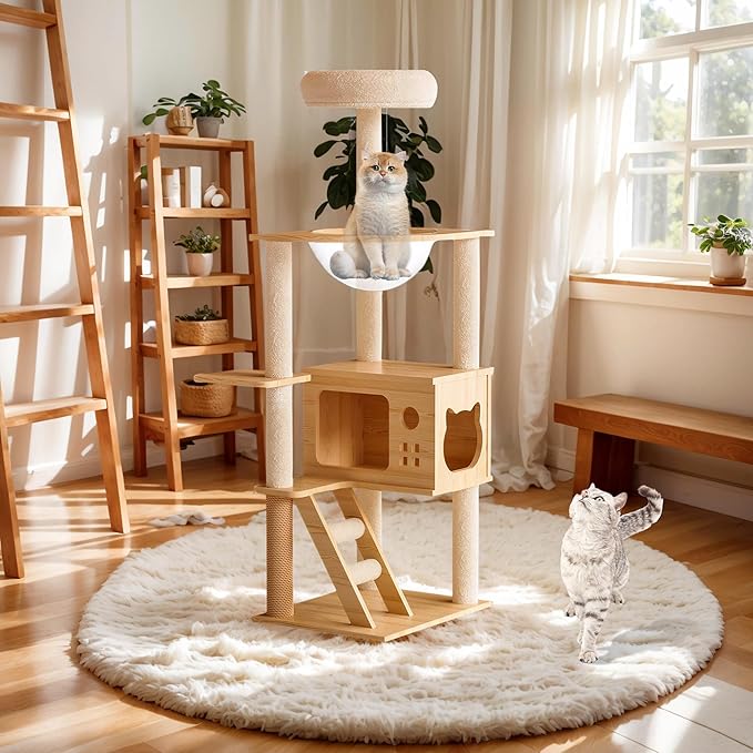 48.4" Tall Cat Tree, Wood Cat Tower for Indoor, Cat Condo with Acrylic Hammoc, Climbing Tower with Sisal-Covered Scratching Posts and Top Perch for Small Large Cats
