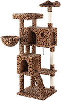 WEEWAY 63in Cat Tree Tower for Indoor Cats, Multi-Level Activity Center with Unique Feline Ear-Style Perch, 2 Cozy Condos, Climbing Ladder, Sisal Scratching Posts, Hanging Balls, Leopard Print