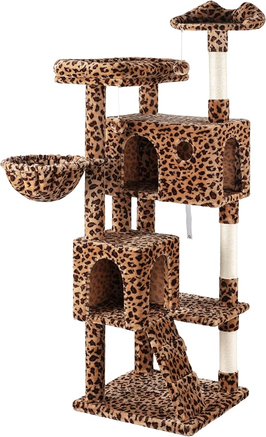 WEEWAY 63in Cat Tree Tower for Indoor Cats, Multi-Level Activity Center with Unique Feline Ear-Style Perch, 2 Cozy Condos, Climbing Ladder, Sisal Scratching Posts, Hanging Balls, Leopard Print