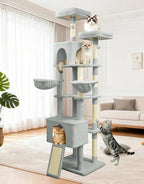 82" Tall Cat Tree,Giant Cat Tree for Indoor Cats Large Adult, Heavy Duty Cat Tree Tower, Extra Large Cat Trees with Scratching Posts, Cat Condos, Hammock,Top Perch,Ramp (Light Grey)