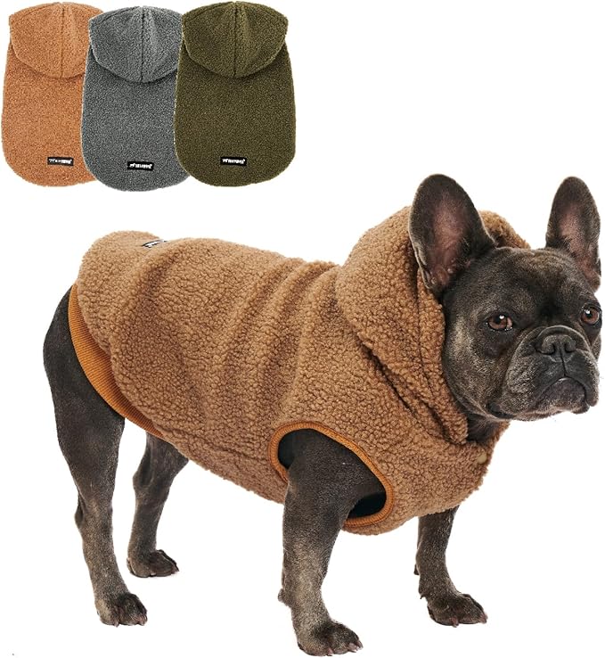 Tuff Pupper Fleece Dog Hoodie Sweater | Teddy Sherpa Outer & Soft Polar Fleece Lining | Adjustable Fit Winter Coat with Hood, Leash Hole, Ribbed Cuffs | for Small Medium Large XL XXL Dogs (Brown, S)
