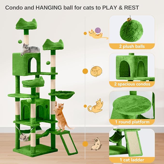 DWVO 75 in Multi-Level Cat Tower: Tall Cats Tree for Indoor Kittens, Pet Furniture with Kitty Condos, Top Perches, Sisal Ramp Scratching Posts, Cozy Basket, Hammocks, Green