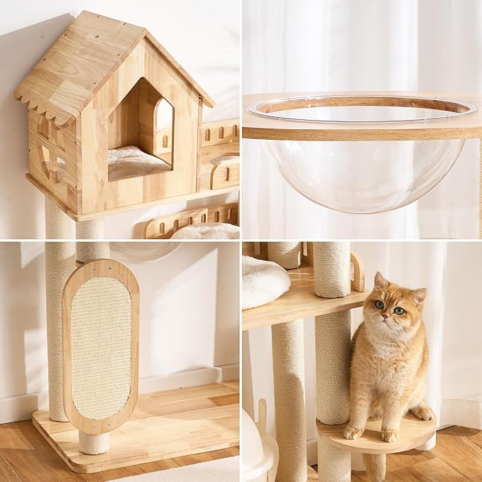 Modern Solid Wood Cat Tree Tower for Indoor Cats Large Adult, 58 inch Corner Cat Tree with Cat House, Luxury Aesthetic Cat Tree with Space Capsule, Large Perch, Sisal Scratching Pad Post