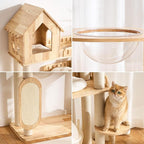 Modern Solid Wood Cat Tree Tower for Indoor Cats Large Adult, 58 inch Corner Cat Tree with Cat House, Luxury Aesthetic Cat Tree with Space Capsule, Large Perch, Sisal Scratching Pad Post
